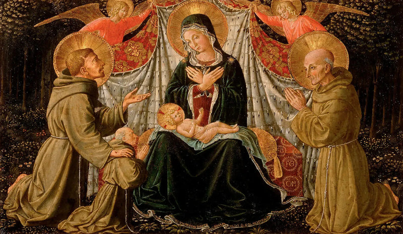 Jomfruen med barnet med Saint Frans og donoren Far Jacopo da Montefalco (til venstre) og Saint Bernhard av Siena (til høyre) - Benozzo Gozzoli