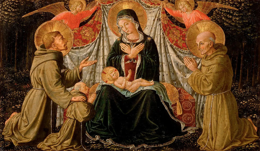 Jomfruen med barnet med Saint Frans og donoren Far Jacopo da Montefalco (til venstre) og Saint Bernhard av Siena (til høyre) - Benozzo Gozzoli