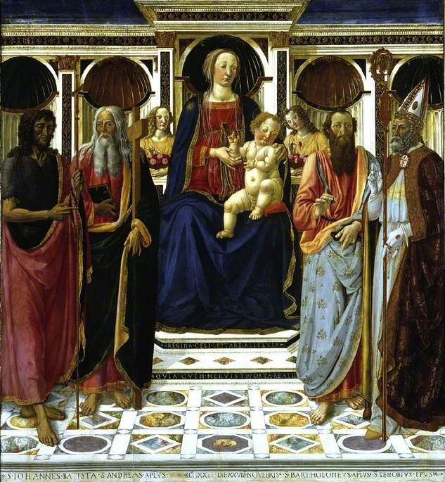 Jomfruen med barnet med hellige Johannes Døperen, hellige Andreas Barthélemy og hellige Zénobe - Cosimo Rosselli