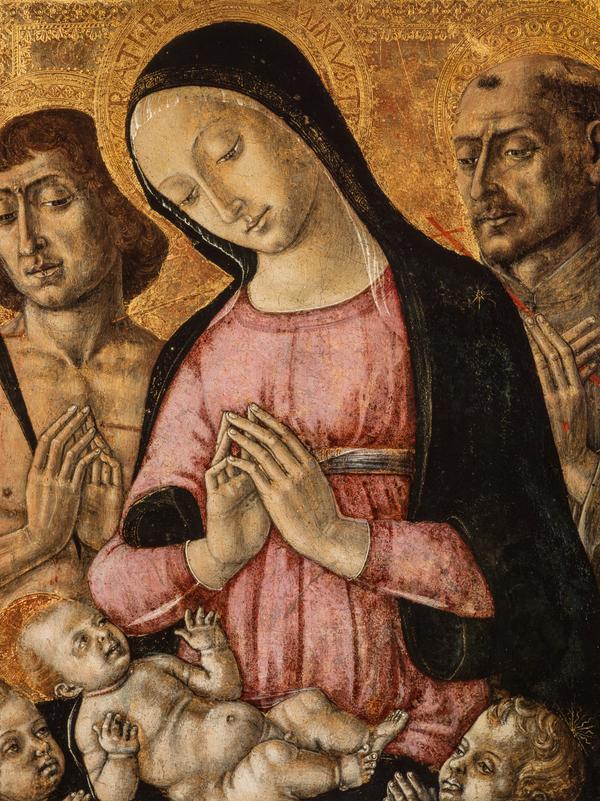 Jomfruen med barnet med Saint Sebastian, Saint François og engler - Matteo di Giovanni