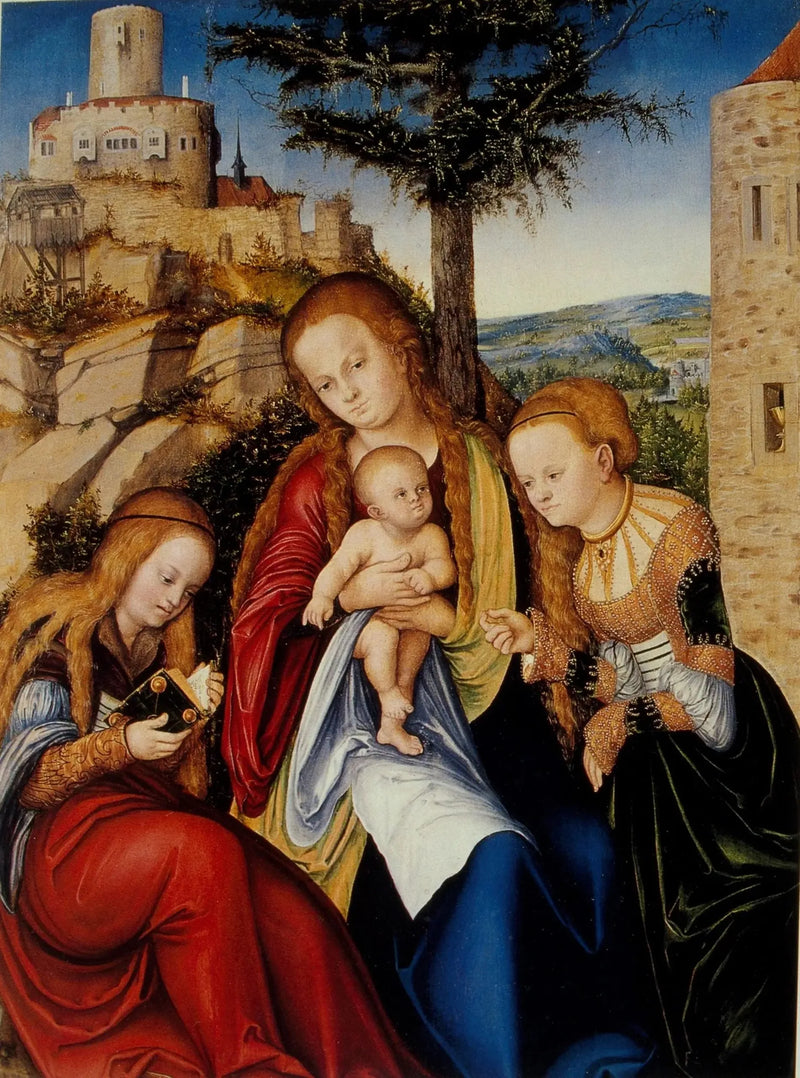 Jomfruen med barnet med helgen Barbra og helgen Catherine av Alexandria - Lucas Cranach den eldre
