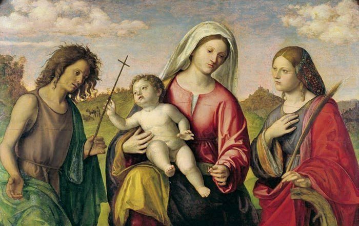Jomfruen med barnet med helgen Catherine og Johannes Døperen - Cima da Conegliano