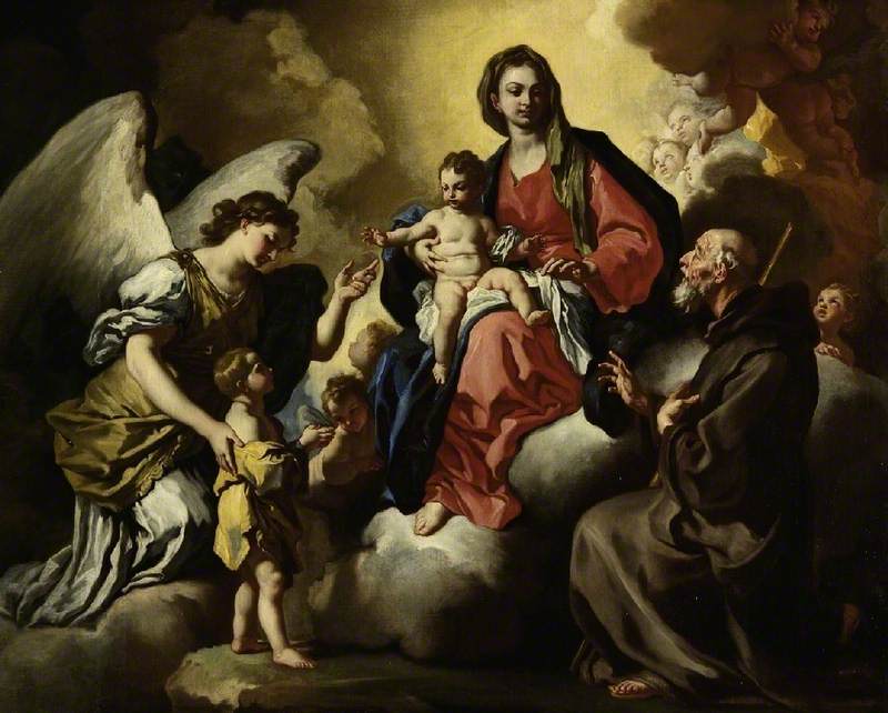 Jomfruen med barnet, med en gutt presentert av sin verneengel, og S. Francesco Di Paola - Francesco Solimena