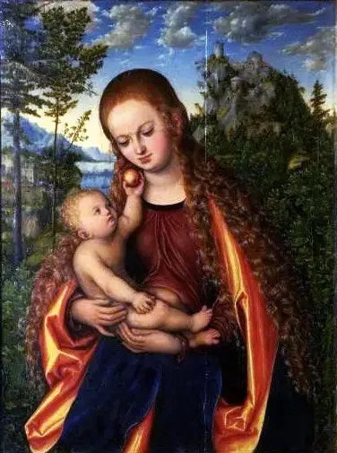 Jomfruen med barnet i et overdådig landskap - Lucas Cranach den eldre