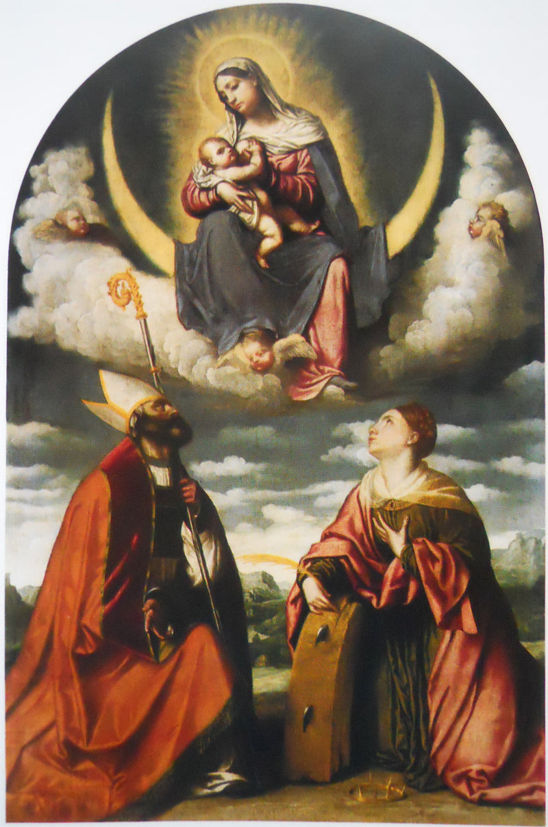 Jomfruen med barnet i herlighet med Saint Martin og Saint Catherine - Alessandro Bonvicino