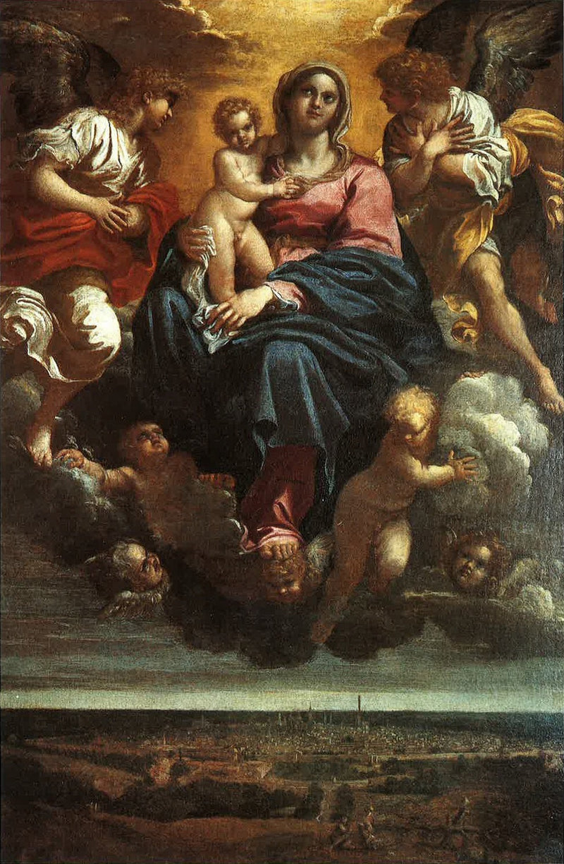 Jomfruen med barnet i herlighet over byen Bologna - Annibale Carracci