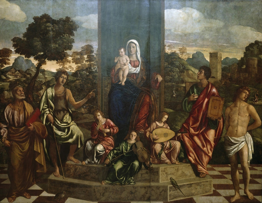 Jomfruen med barnet i majestet med helgenerne Peter, Johannes Døperen, Johannes Evangelisten, Sebastian og tre musikerengler - Giovanni Bellini