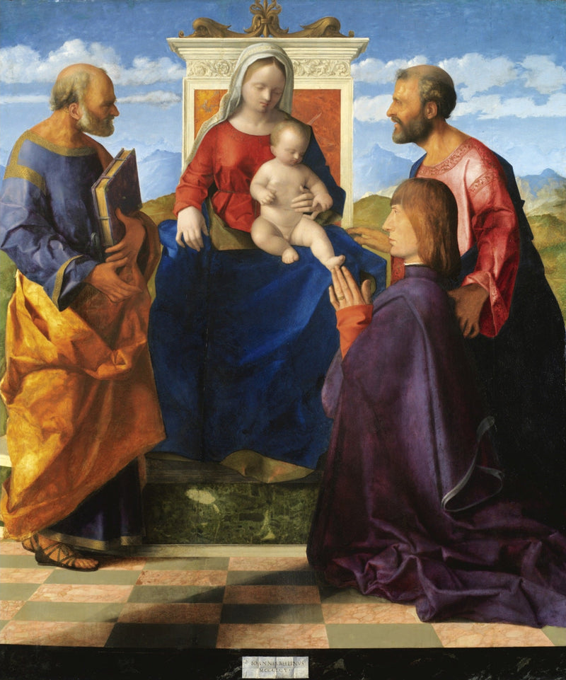 Jomfruen med barnet på tronen med hellige og en donator - Giovanni Bellini