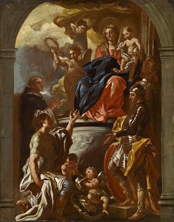 Jomfruen med barnet på tronen med Saint Peter martyr og to hellige krigere - Francesco Solimena