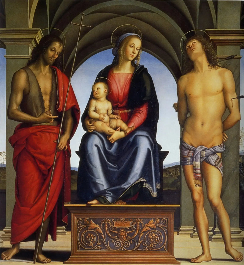 Jomfruen med barnet mellom de hellige Johannes Døperen og Sebastian - Pietro Perugino