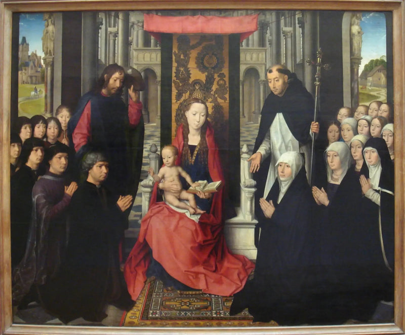 Jomfruen med barnet mellom Saint Jacques og Saint Dominique - Hans Memling