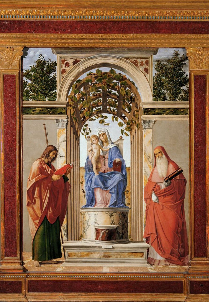 Jomfruen med barnet, mellom Saint Jérôme og Saint Jacques den apostelen. - Cima da Conegliano