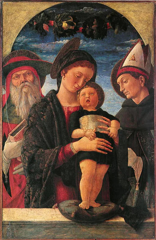 Jomfruen med barnet mellom Saint Jérôme og Saint Louis de Toulouse - Andrea Mantegna