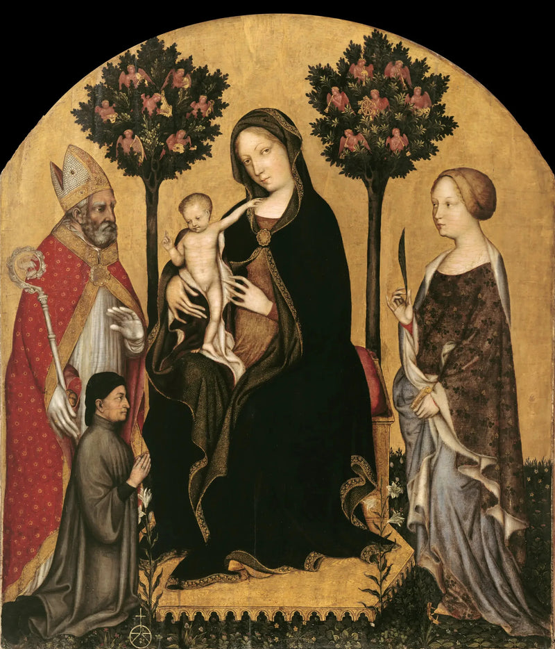 Jomfruen med barnet og Saint Catherine, Saint Nicolas og donoren - Gentile da Fabriano
