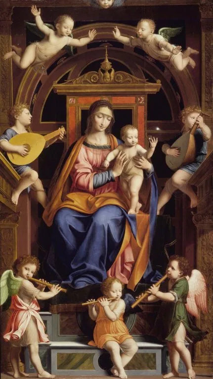 Jomfruen med barnet som troner med engler - Bernardino Luini