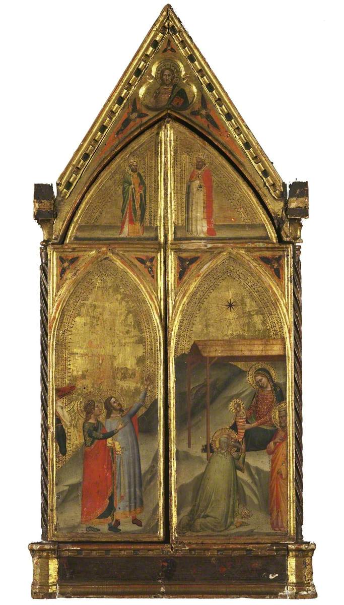 Jomfruen med barnet som troner sammen med helgener (lukket triptyk) - Bernardo Daddi