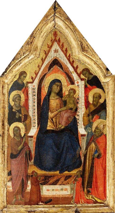 Jomfruen med barnet som troner, flankert av helgener Johannes Døperen, Peter, Paulus og Zénobe (?) og to engler, under dem to donorer - Taddeo Gaddi