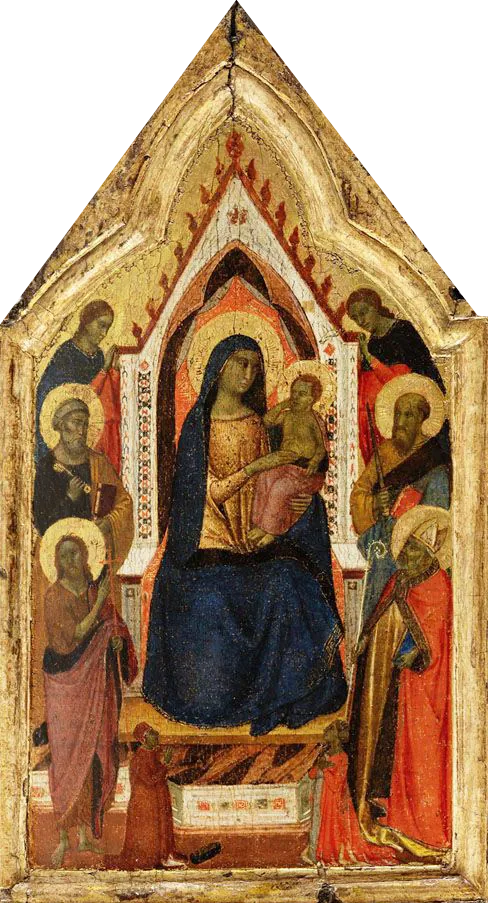 Jomfruen med barnet som troner, flankert av helgener Johannes Døperen, Peter, Paulus og Zénobe (?) og to engler, under dem to donorer - Taddeo Gaddi