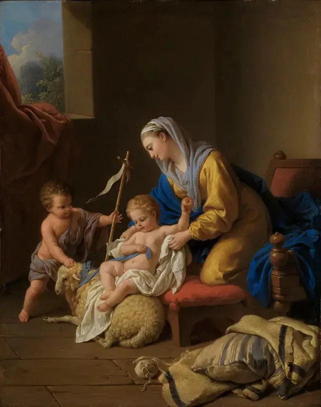 Jomfruen underholder den lille Jesus, den lille Saint Johannes med en sau - Louis Jean François Lagrenée

Source:
La Vierge amuse l'enfant Jésus, le petit Saint Jean avec un mouton - Louis Jean François Lagrenée