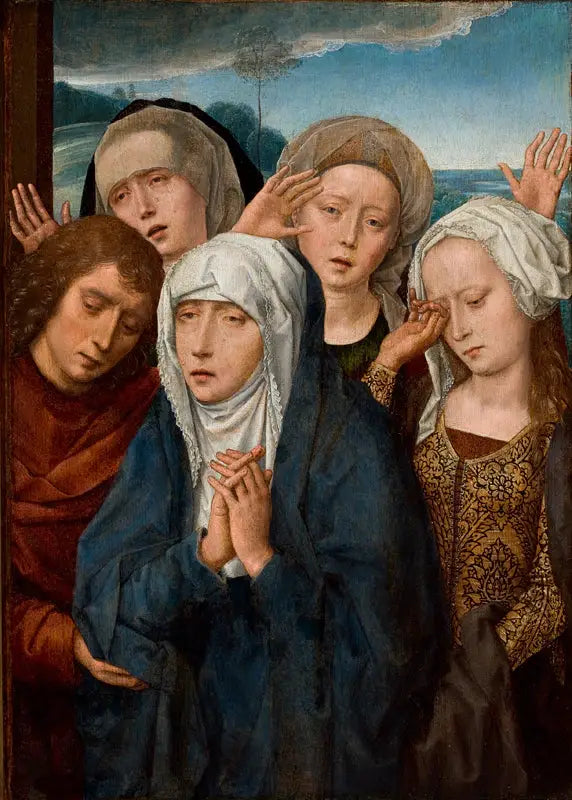Jomfruen i sorg med Sankt Johannes og de fromme kvinnene fra Galilea - Hans Memling