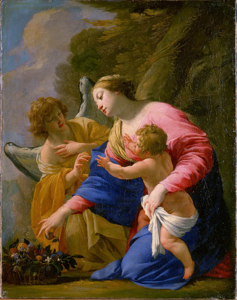 Jomfruen og barnet med fruktkurv og en engel i et landskap - Simon Vouet