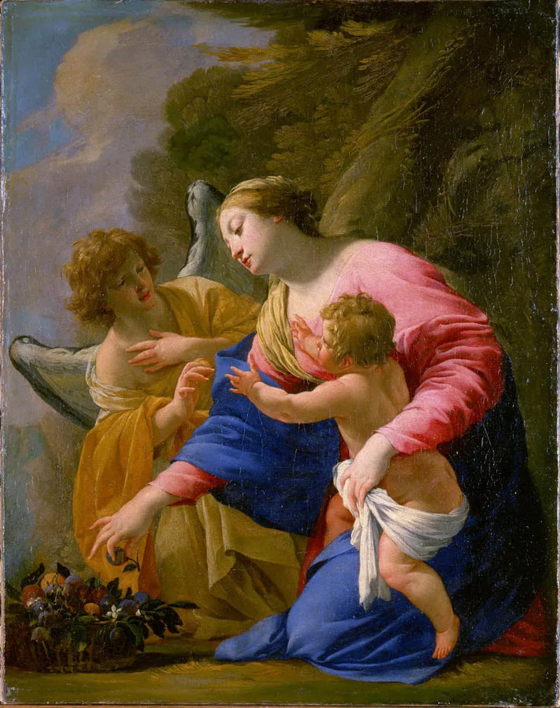 Jomfruen og barnet med fruktkurv og en engel i et landskap - Simon Vouet