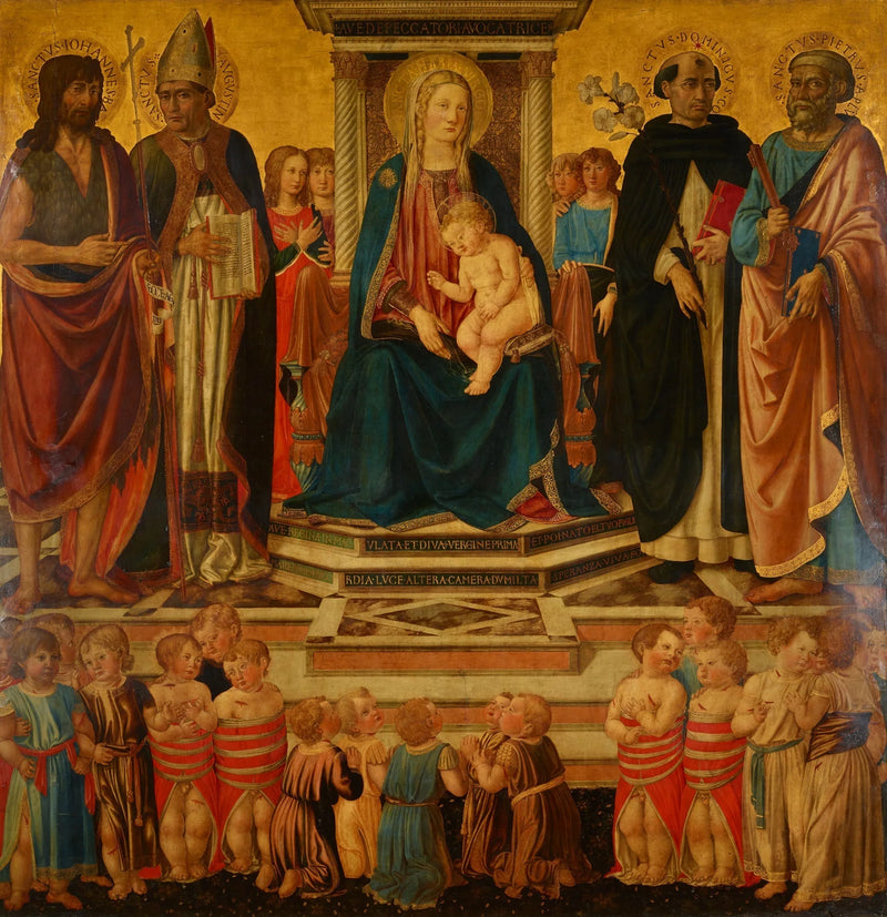 Jomfruen og barnet som velsigner, troner med helgenerne Johannes, Augustin, Dominikus, Peter og ofrene for barnemassakren i Betlehem - Cosimo Rosselli