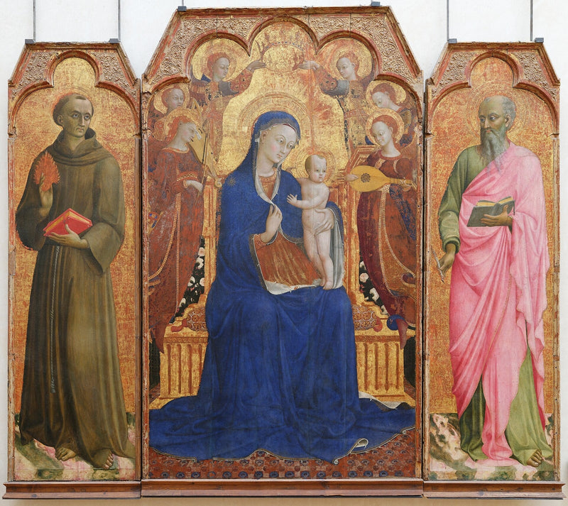 Jomfruen og barnet omgitt av engler, Saint Antoine de Padoue og Saint Jean l'Évangéliste - Stefano di Giovanni (Sassetta)