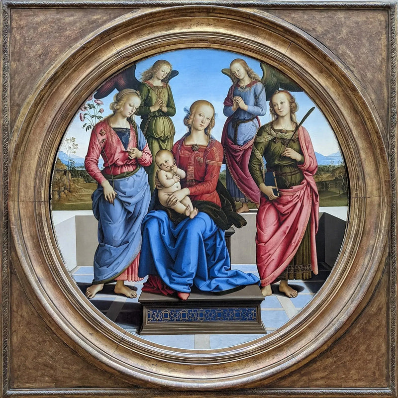 Jomfruen og barnet omgitt av to engler, hellige Rose og hellige Katarina - Pietro Perugino