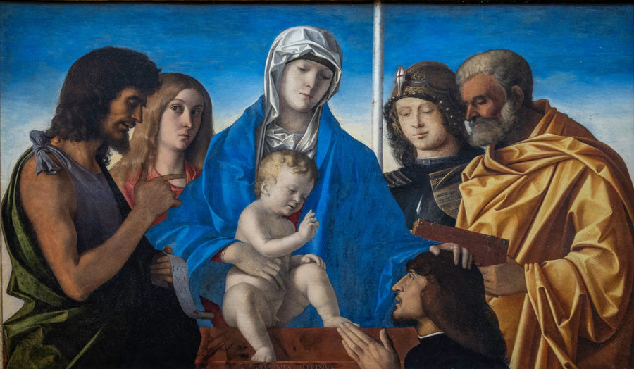 Jomfruen og barnet omgitt av Saint Johannes Døperen, Santa Maria Magdalena, Saint Georg, Saint Peter og en donator - Giovanni Bellini