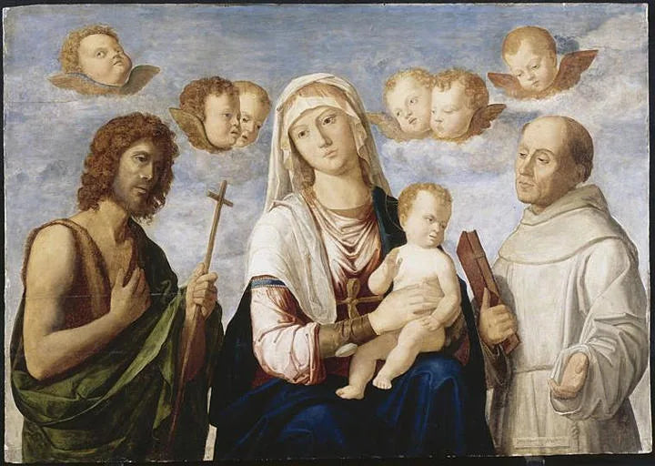 Jomfruen og barnet mellom Saint Jean Baptiste og Saint François - Cima da Conegliano