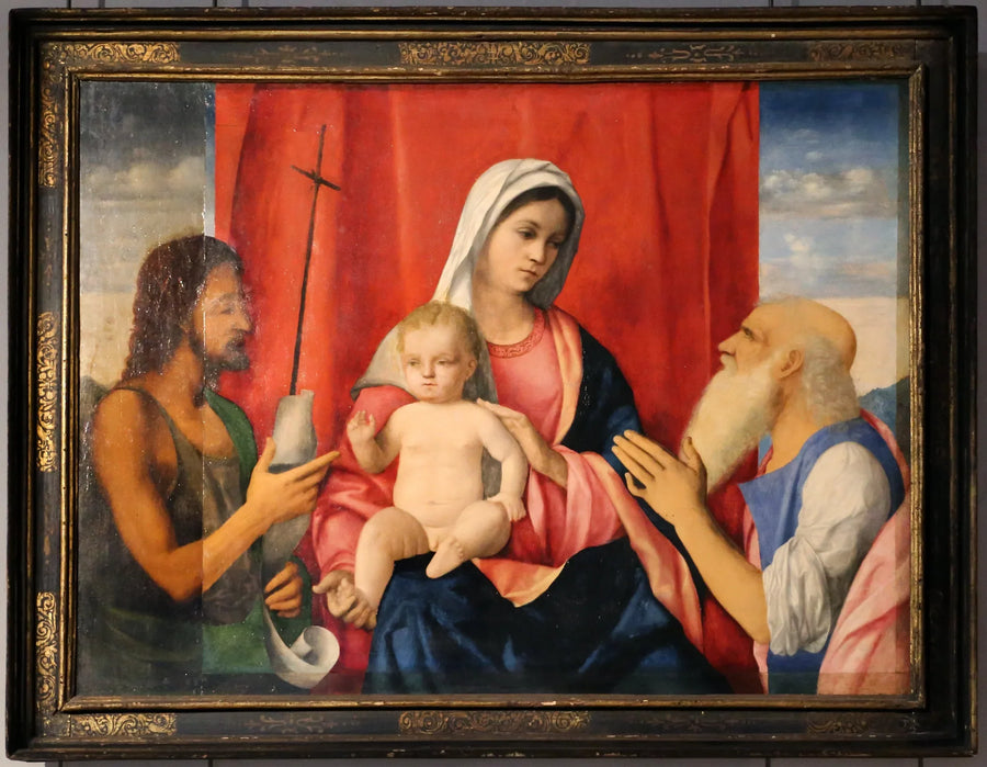 Jomfruen og barnet mellom Saint Johannes Døperen og Saint Jérôme - Giovanni Bellini