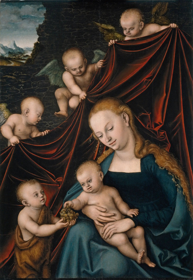 Jomfruen og barnet, Saint Jean og englene - Lucas Cranach den eldre