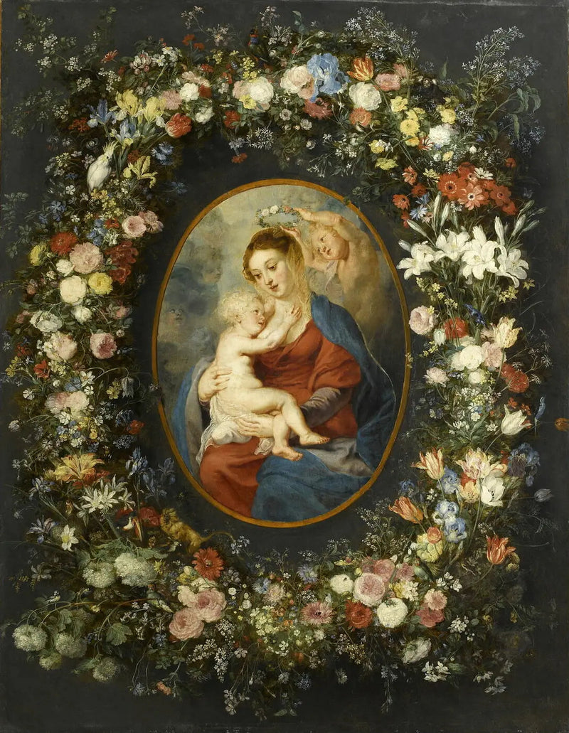 Jomfruen, Jesusbarnet og en engel midt i en blomsterkrans - Peter Paul Rubens