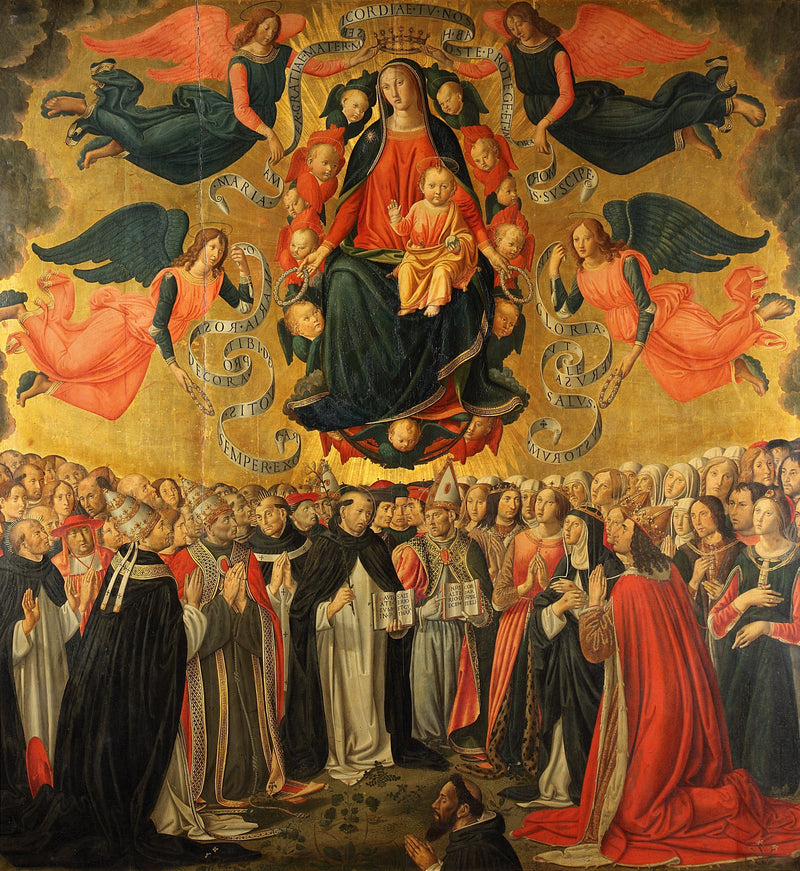 Jomfru Maria med den hellige barn Jesus i herlighet, tilbedt av engler, helgener, bønner og en donator. - Cosimo Rosselli