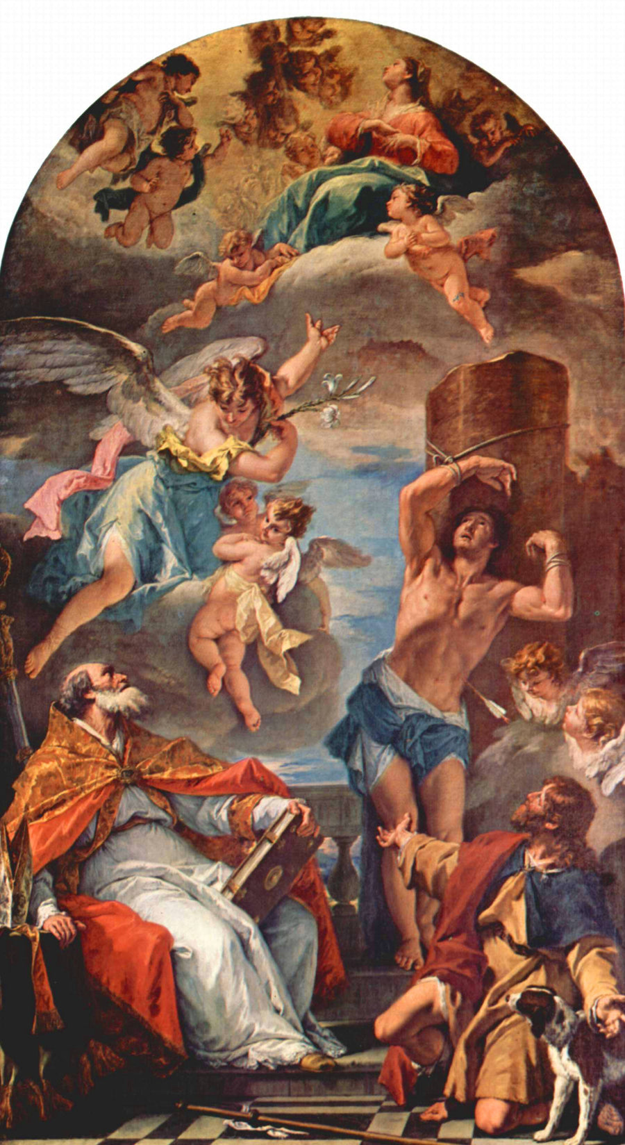 Jomfru Maria i herlighet med ærkeengelen Gabriel og helgen Eusebius, helgen Sebastian og helgen Roch - Sebastiano Ricci