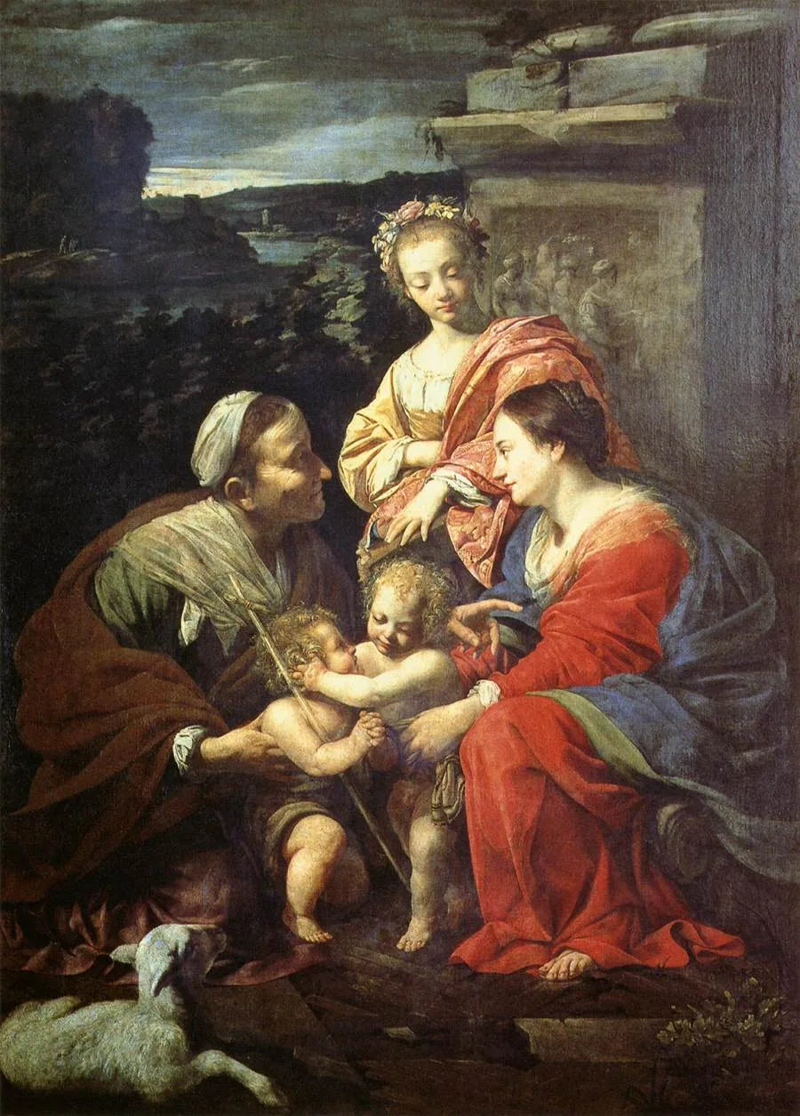 Jomfru Maria og Barn Jesus med Saint Elisabeth, Saint Johannes Døperen og Saint Catherine - Simon Vouet