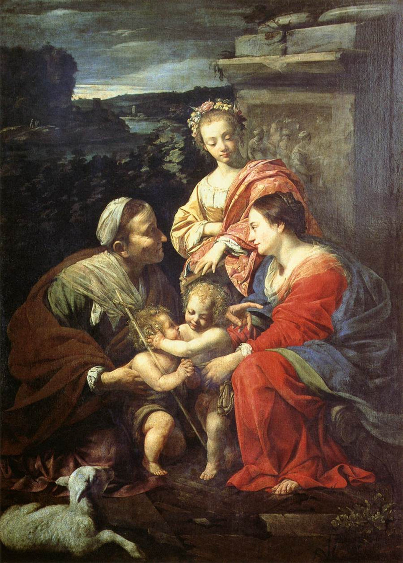 Jomfru Maria og Barn Jesus med Saint Elisabeth, Saint Johannes Døperen og Saint Catherine - Simon Vouet