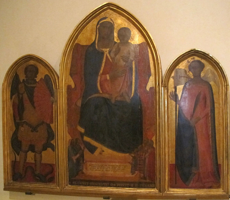 Jomfru Maria på sin trone, omgitt av donorer og helgener. - Allegretto Nuzi
