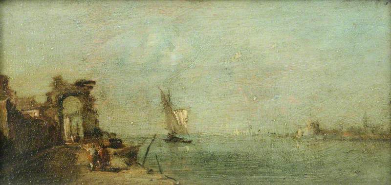 Lagune av Capriccio med en ruinøye - Francesco Guardi