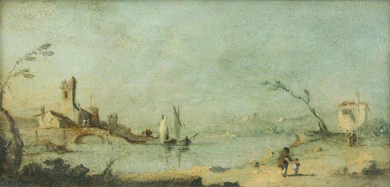 Lagune av Capriccio med en kirke og en bro - Francesco Guardi