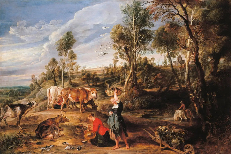 Melkebønder med husdyr i et landskap, « La Ferme de Laeken » - Peter Paul Rubens