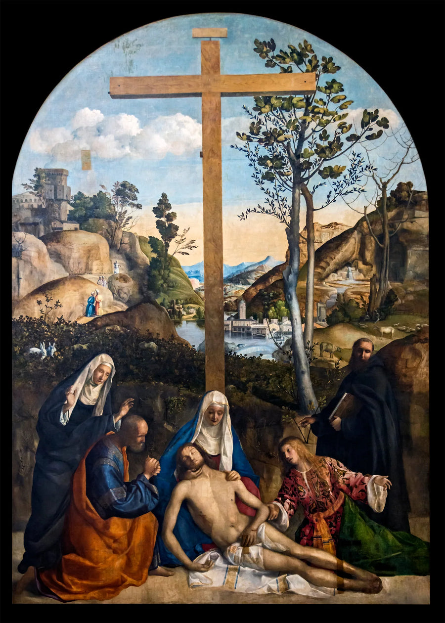 Sorg over den døde Kristus med Josef av Arimatea, Jomfruen og Maria Magdalena, mellom den hellige Marta og Filippo Benizi - Giovanni Bellini