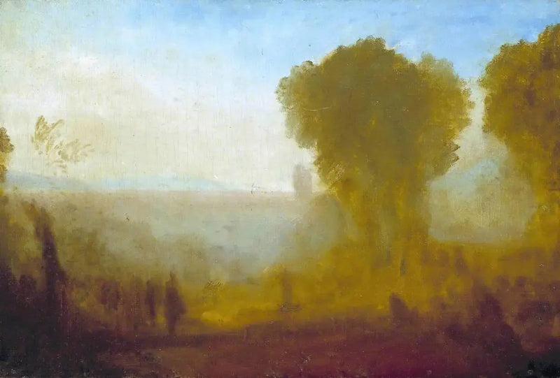 Landskap med tårn, trær og figurer; muligens Arcueil nær Paris - J. M. W. Turner