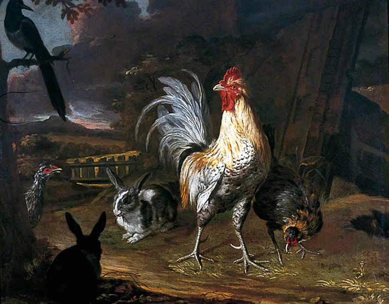 Kaniner, en hane og en høne mot en landskapsbakgrunn - Melchior de Hondecoeter
