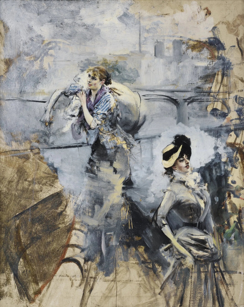 Lavendertøser og ung brunette ved bredden av Seinen, Paris - Giovanni Boldini