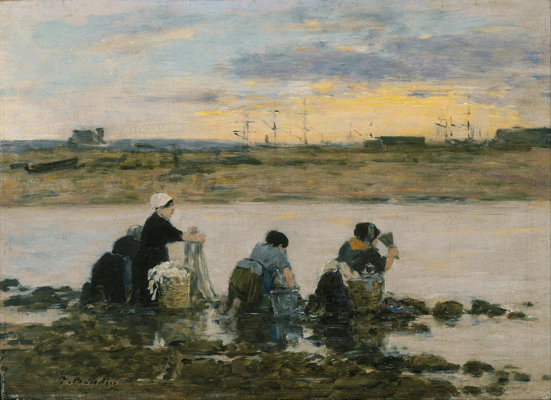 Vaskekoner ved elvebredden - Eugène Boudin
