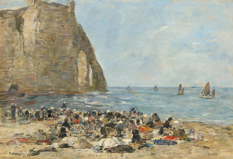 Vaskekoner på stranden i Étretat - Eugène Boudin