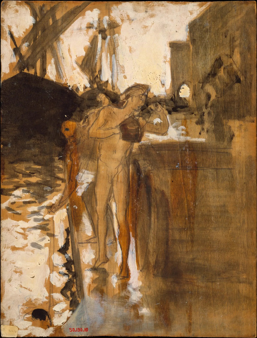 Balkongen, Spania [og] To nakne badere stående på en kai - John Singer Sargent