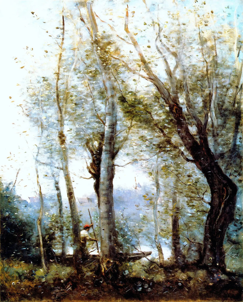 Båtføreren som passerer bak trærne ved bredden - Jean-Baptiste Camille Corot